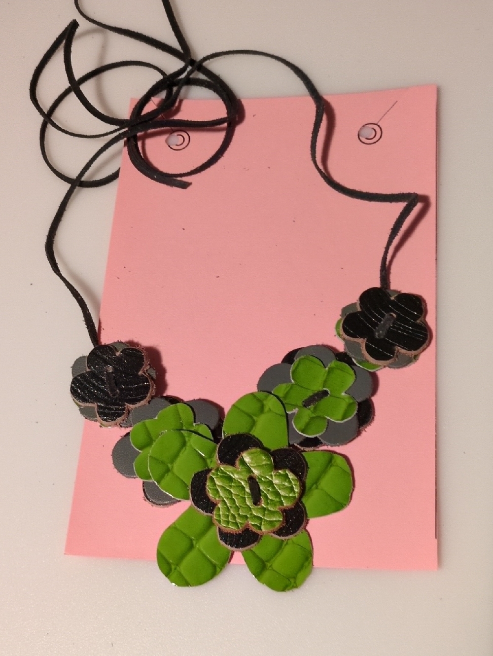 Handmade Genuine Leather Lime Sage Teal Olive Green Floral Statement Necklace 04